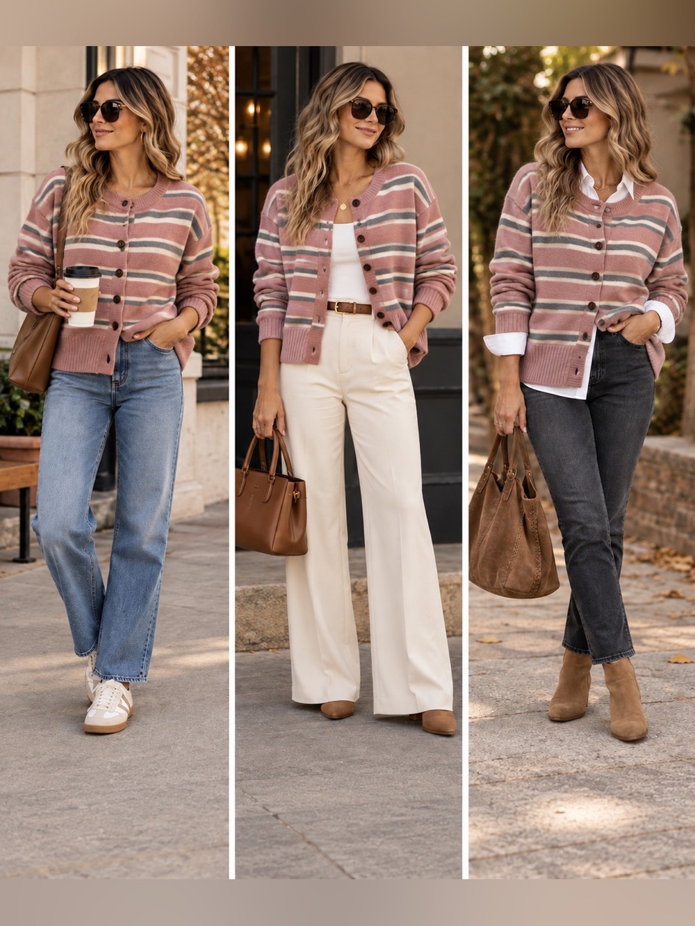 BE COOL Pink Gray Cream Striped Button-Up Cardigan